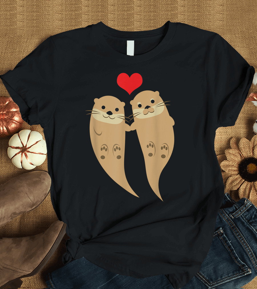 Two Cute Otters Holding Hands with Heart T-Shirt