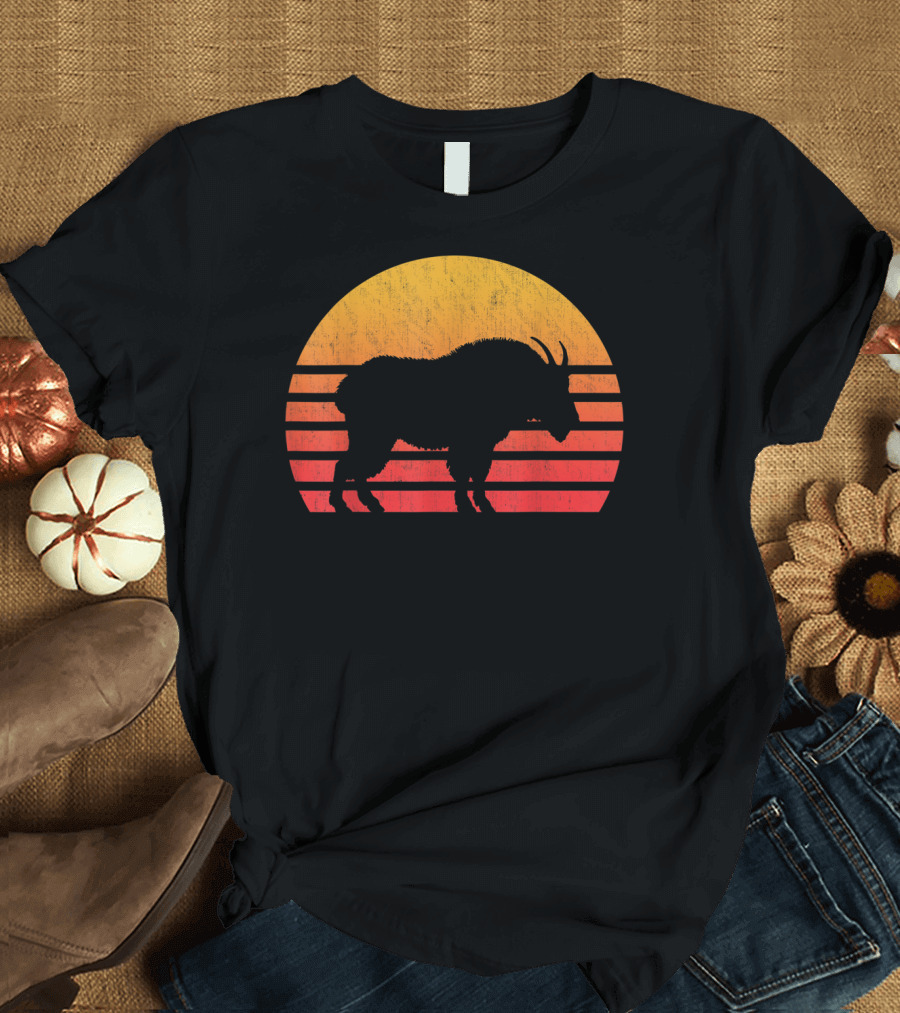 Vintage Sunset Striped Silhouette Mountain Goat T-Shirt