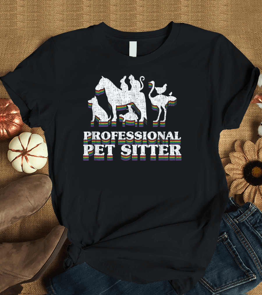 Professional Pet Sitter Classic Animal Silhouettes with Rainbow Accents T-Shirt