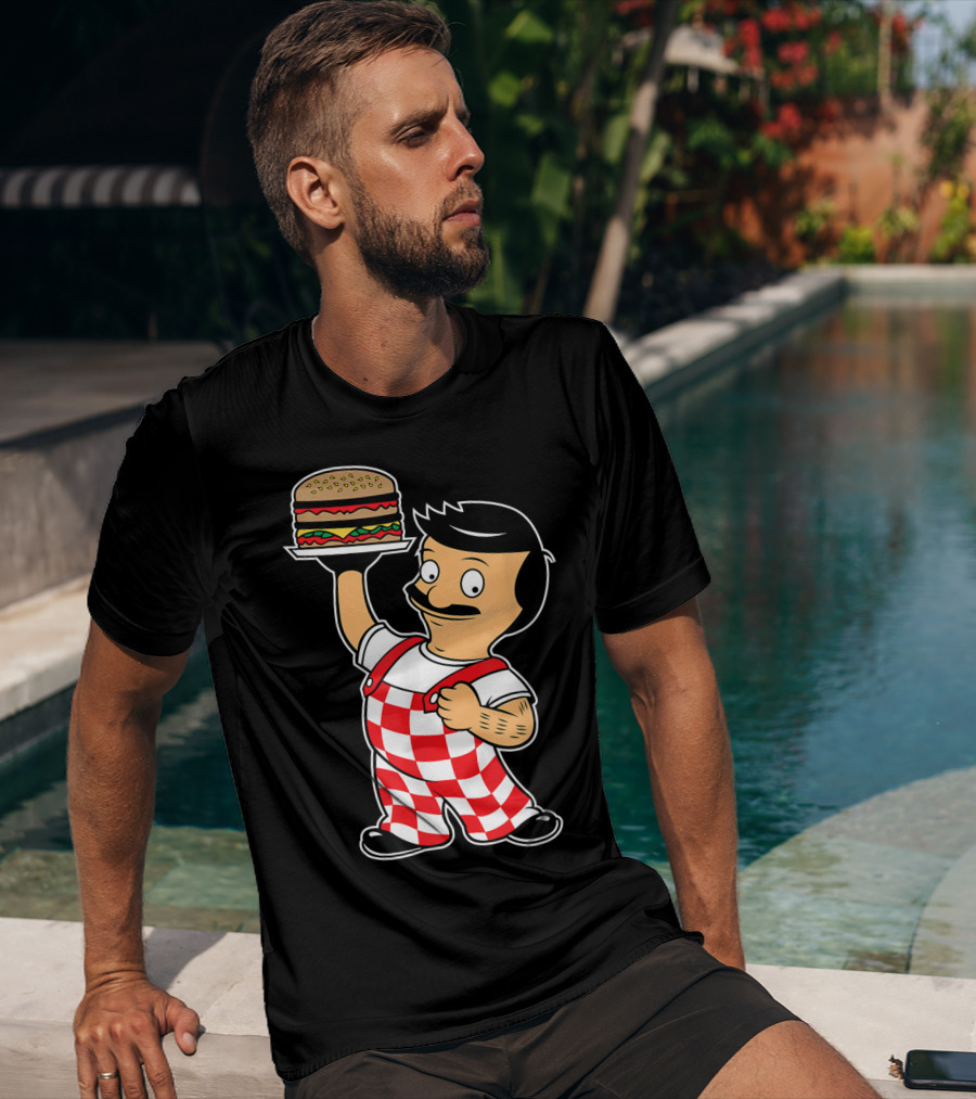 Big Bob Checkered Overalls Burger Mascot T-Shirt