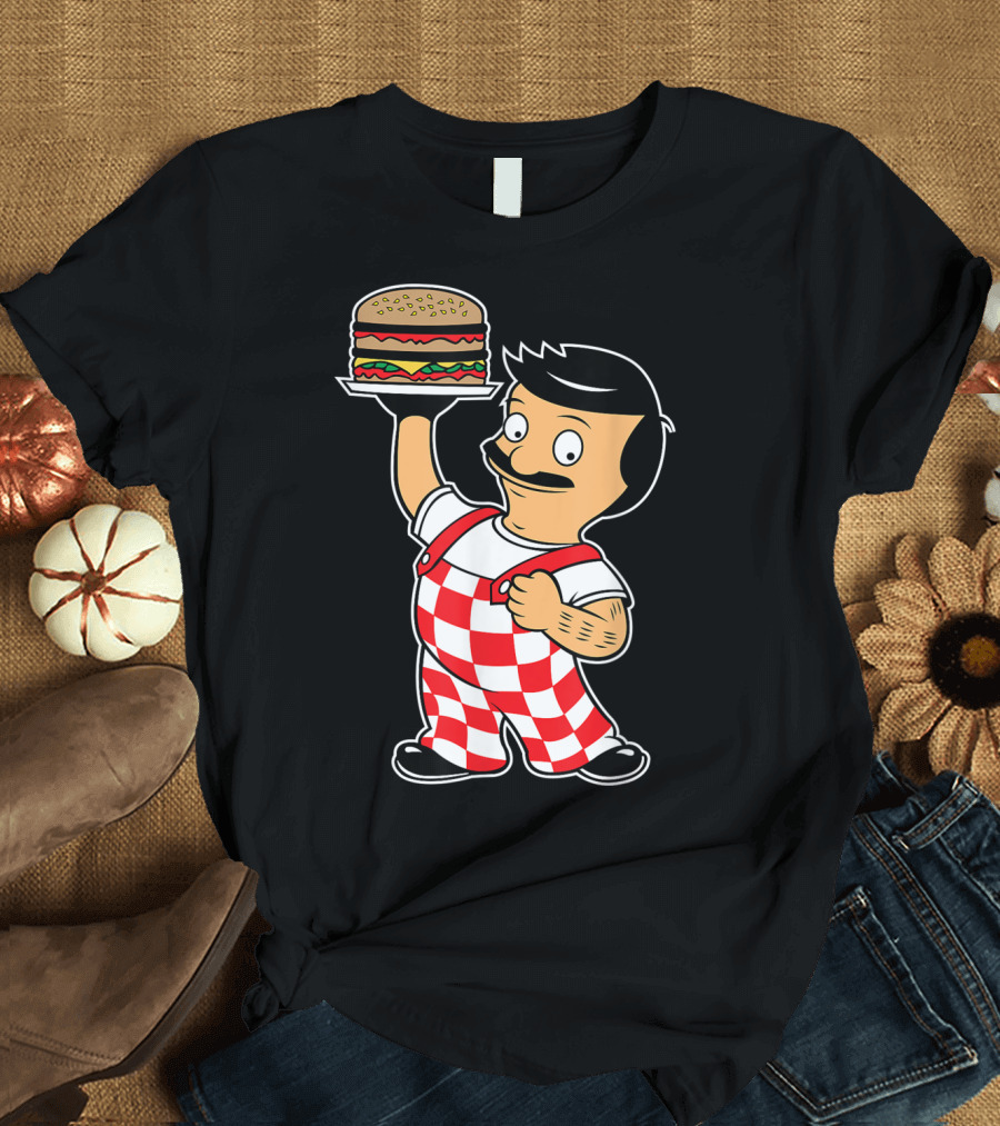 Big Bob Checkered Overalls Burger Mascot T-Shirt