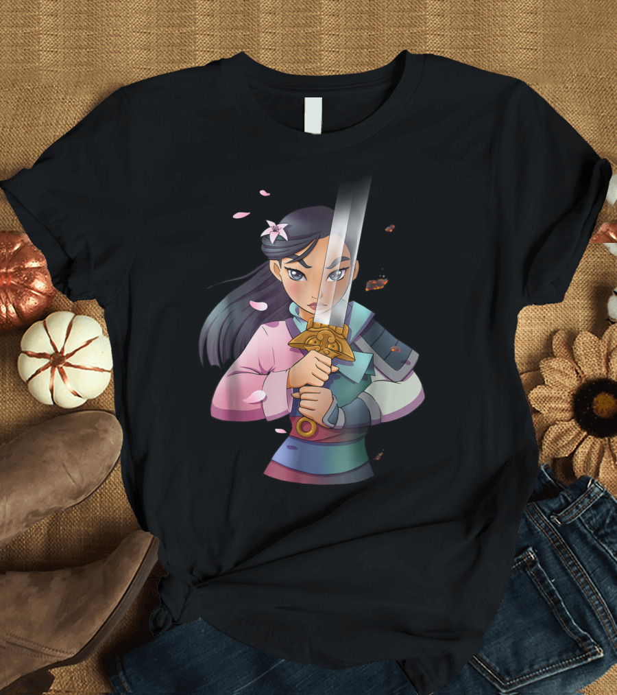 Disney Mulan Anime Half Girl Half Warrior Sword Blossoms T-Shirt