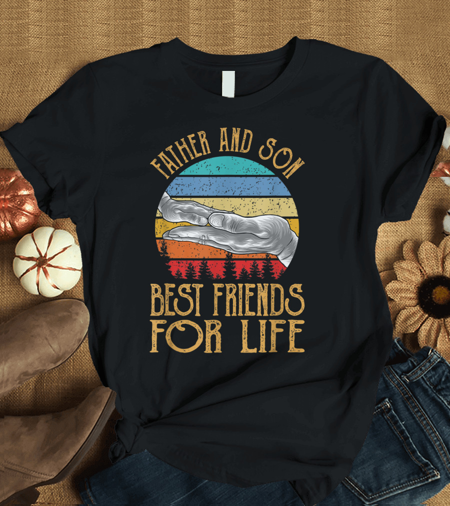 Father and Son Best Friends for Life Vintage Hands Retro Stripes T-Shirt