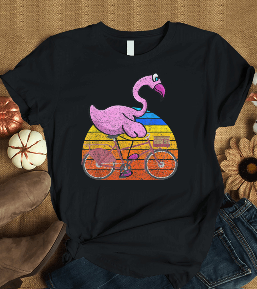 Flamingo Riding Bicycle Funny Retro Sunset T-Shirt