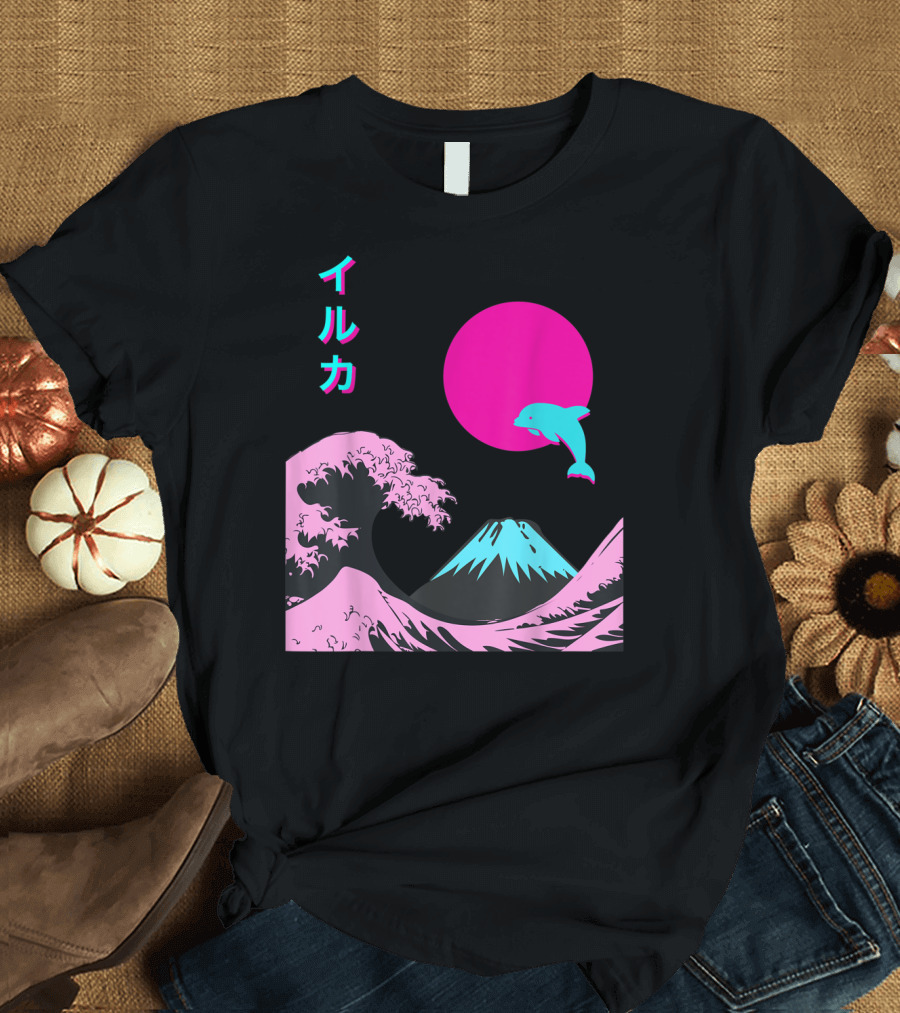 Retro Aesthetic Iruka Dolphin with Japanese Writing and Mount Fuji in Neon Colors T-Shirt