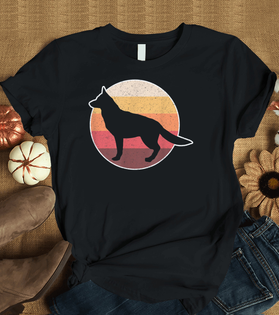 Vintage German Shepherd Silhouette with Retro Sunset Stripes T-Shirt