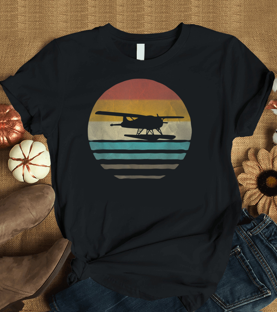 Retro Vintage Seaplane Silhouette in Sunset Stripe Circle T-Shirt