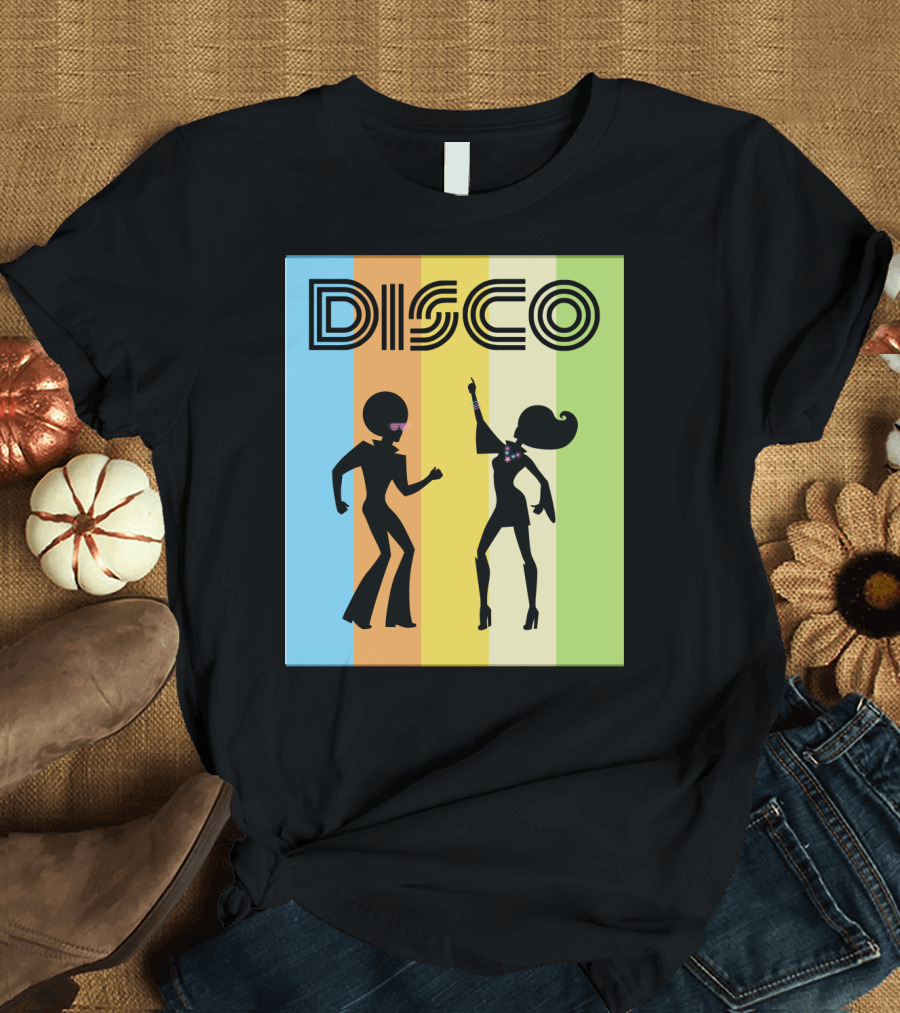 Disco Dancing 70s Disco Dancer with Silhouette and Retro Stripes T-Shirt