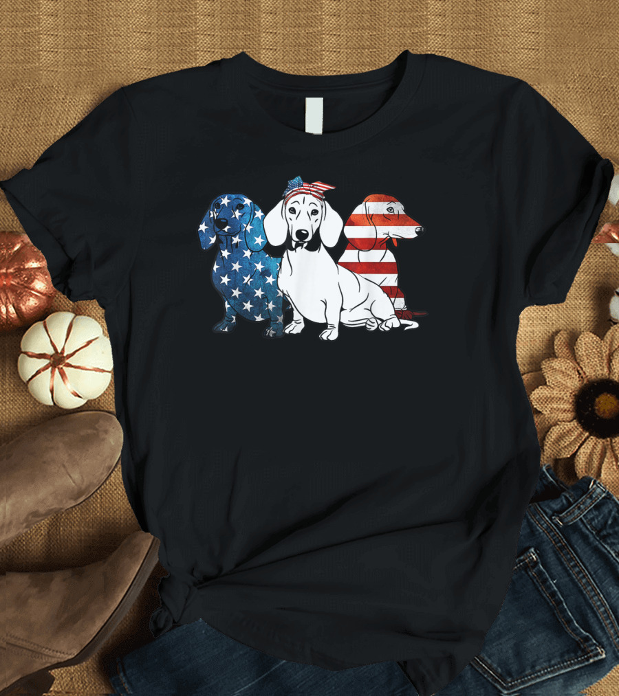 American Dachshund Trio with Patriotic Stars and Stripes US Flag 4th Of July T-Shirt