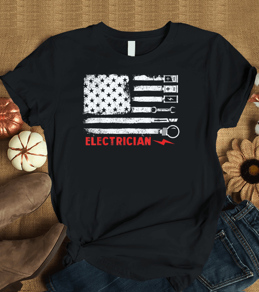 American Flag Electrician with Tools and Symbols T-Shirt