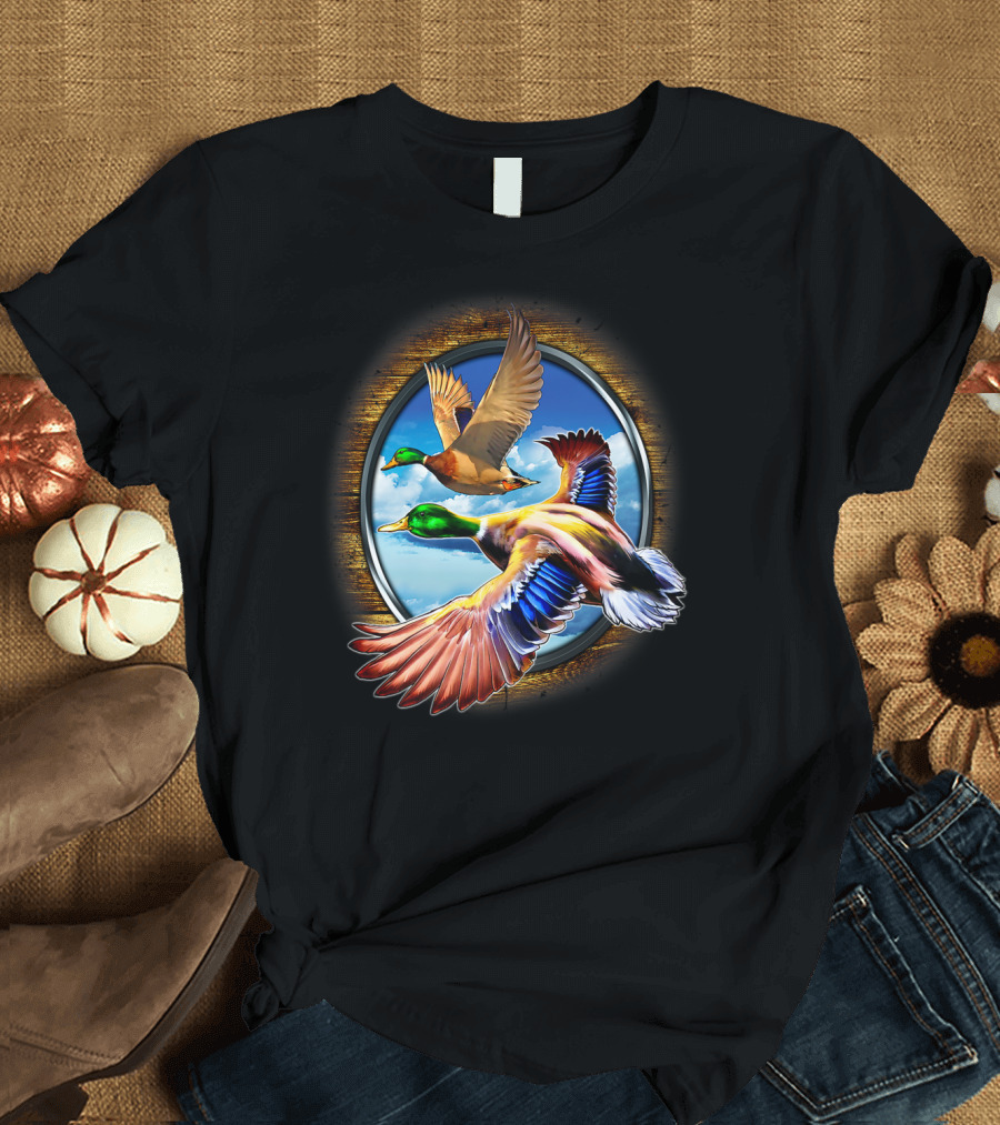 Flying Duck Hunting Scene with Colorful Ducks in Motion T-Shirt