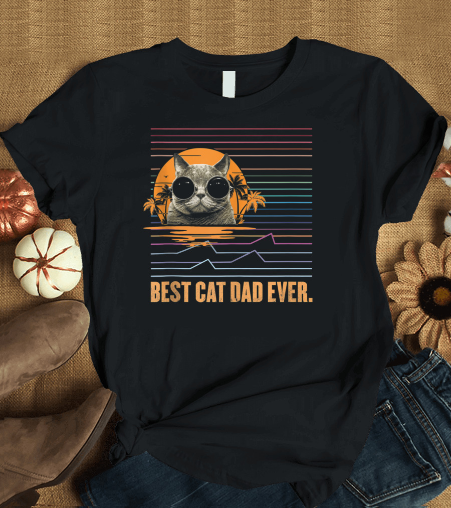 Best Cat Dad Ever Retro Sunset Cat with Sunglasses and Palm Trees T-Shirt