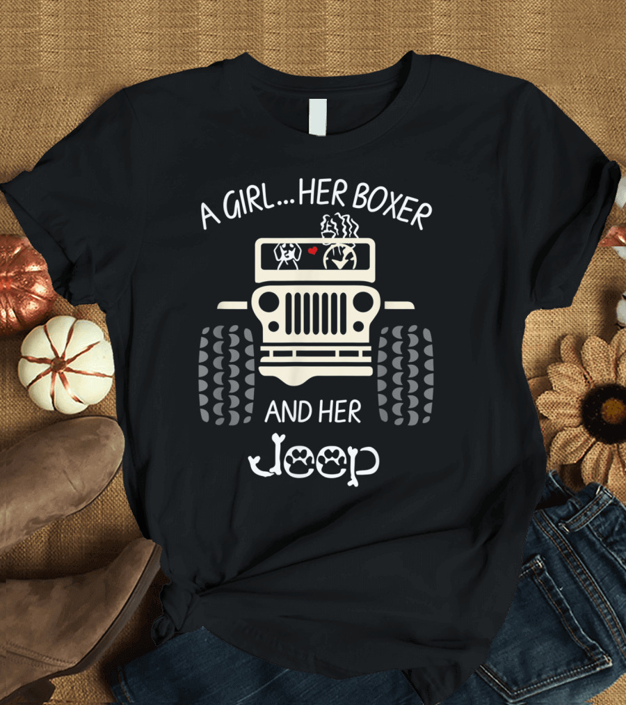 A Girl Her Boxer And Her Jeep Tire Tracks Dog Heart T-Shirt