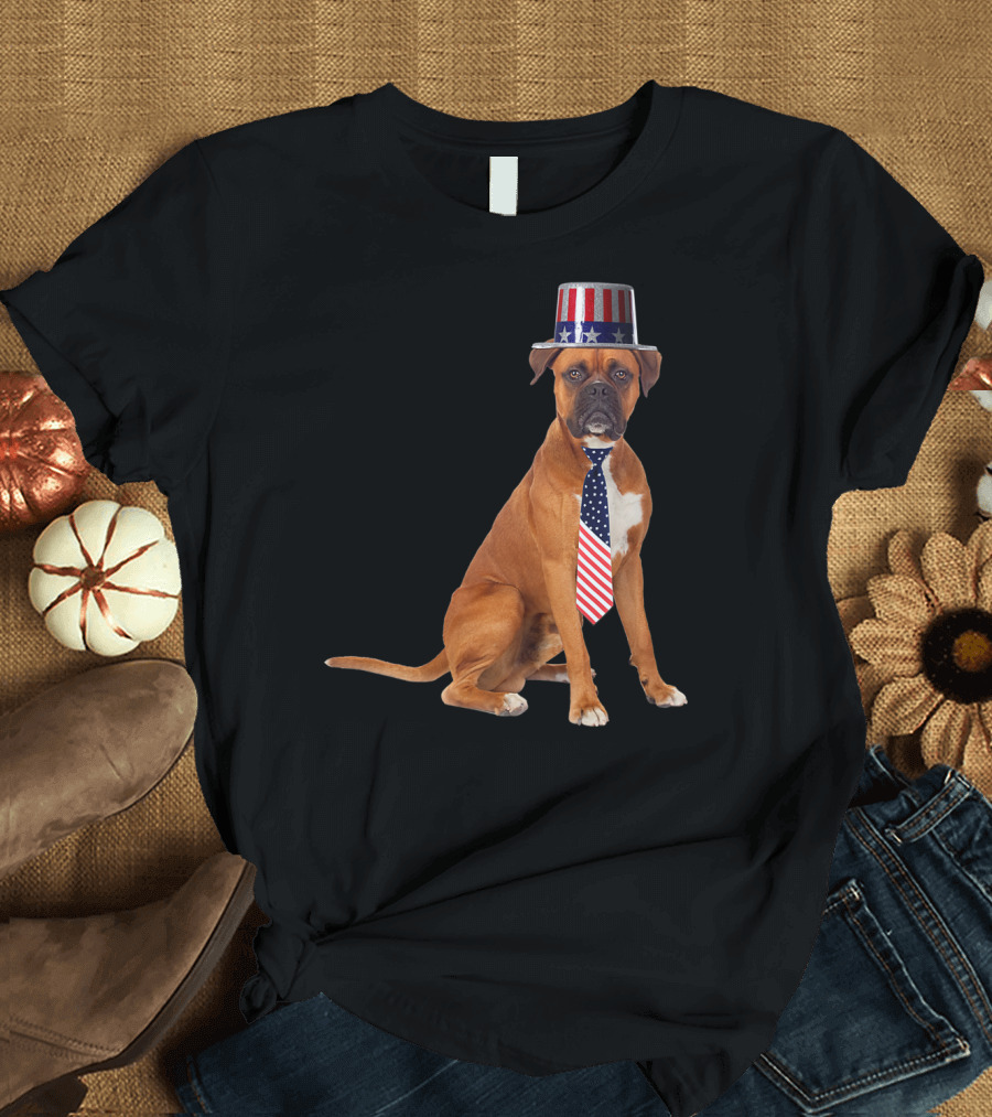 Boxer Dog in American Flag Top Hat and Tie for 4th of July T-Shirt