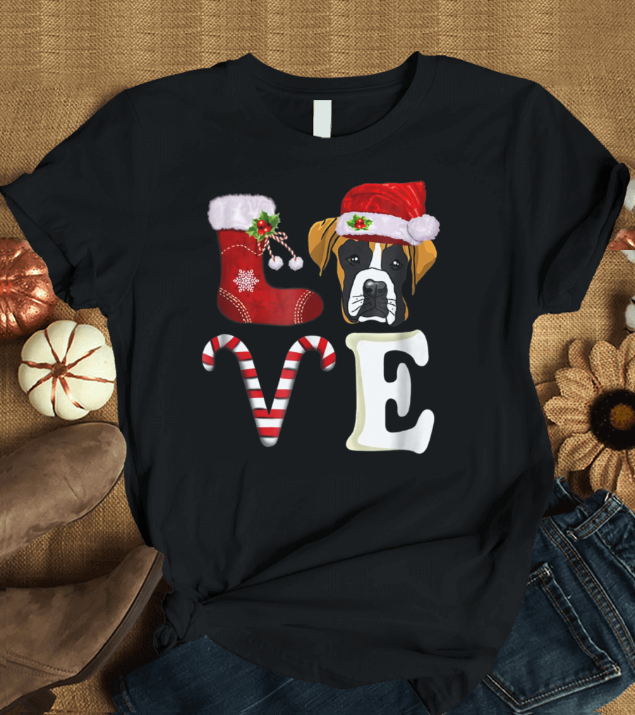 Boxer Dog Love Christmas Light with Santa Hat and Candy Cane T-Shirt