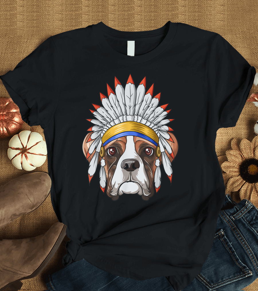 Native Indian American Boxer Feather Headdress Boxer Dog T-Shirt