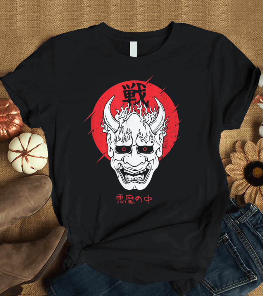 Aesthetic Japanese Devil Yokai Demon Oni Mask with Red Symbolic Background T-Shirt