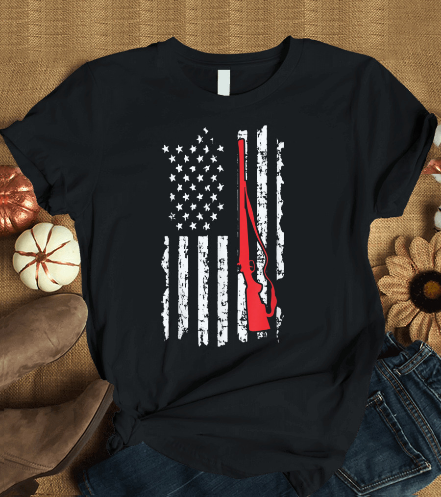 American Flag Gun Hunters Rifle in Red Silhouette T-Shirt