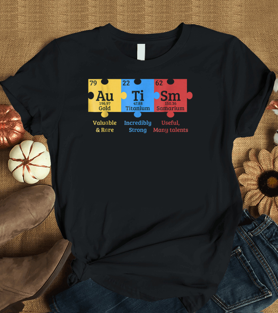 Autism Awareness Gold Titanium Samarium Elements Puzzle T-Shirt
