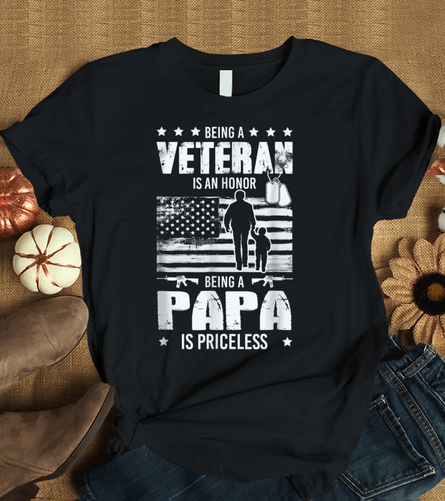 Being a Veteran Is an Honor Being a Papa Is Priceless American Flag and Dog Tags T-Shirt