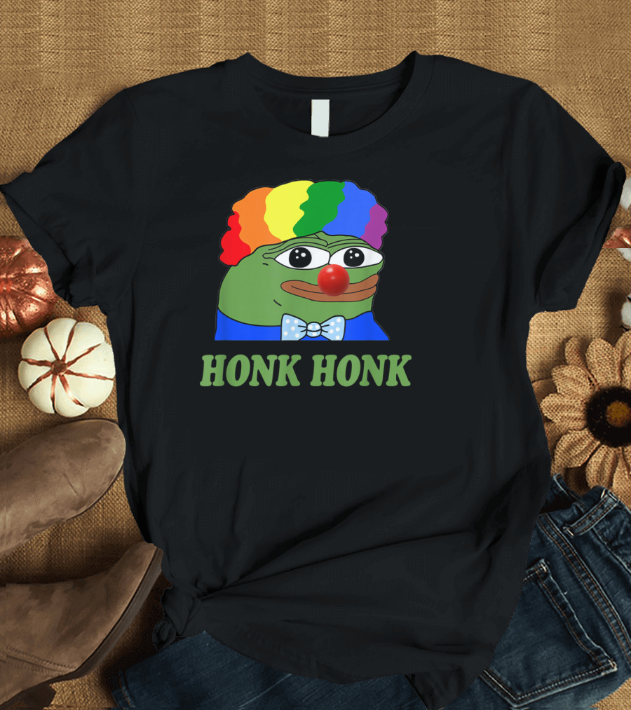 Clown Pepe Honk Honk HONKLER Meme Rainbow Wig Red Nose Bowtie T-Shirt