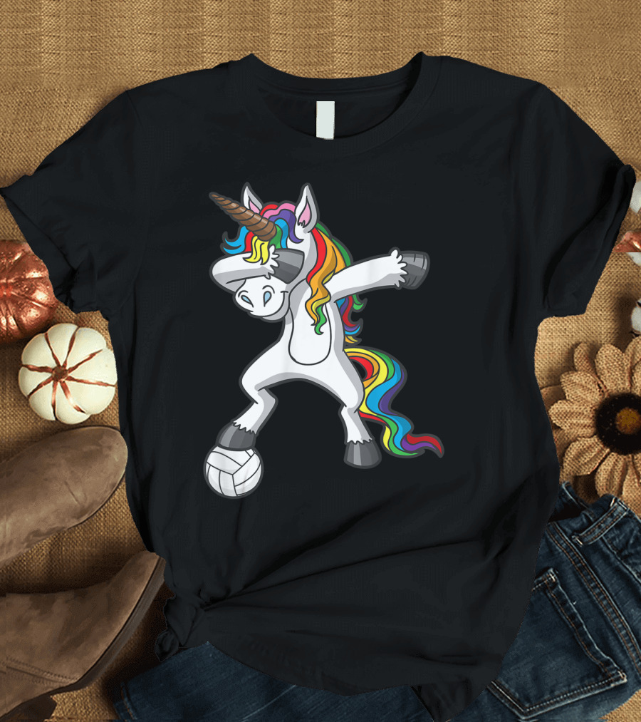 Dabbing Unicorn with Volleyball and Rainbow Mane T-Shirt