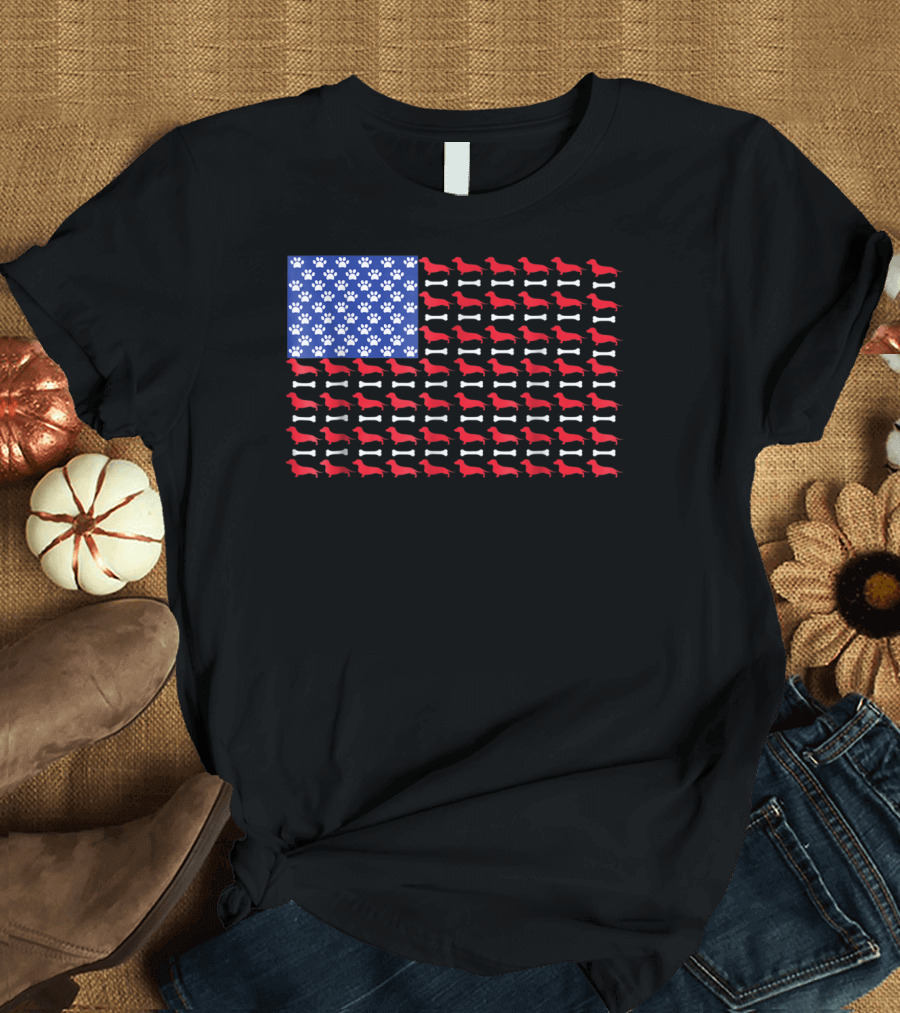 American Flag Dachshund 4th of July Men Kids Pat Paw Prints T-Shirt