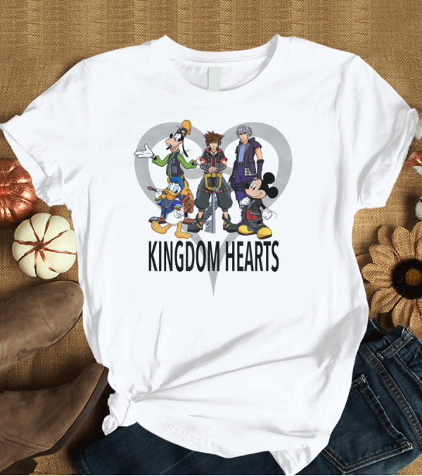 T-Shirt: Kingdom Hearts III Characters with Heart Symbol Featuring Goofy Donald Mickey Sora Riku T-Shirt Kingdom Hearts III Characters with Heart Symbol Featuring Goofy Donald Mickey Sora Riku T-Shirt