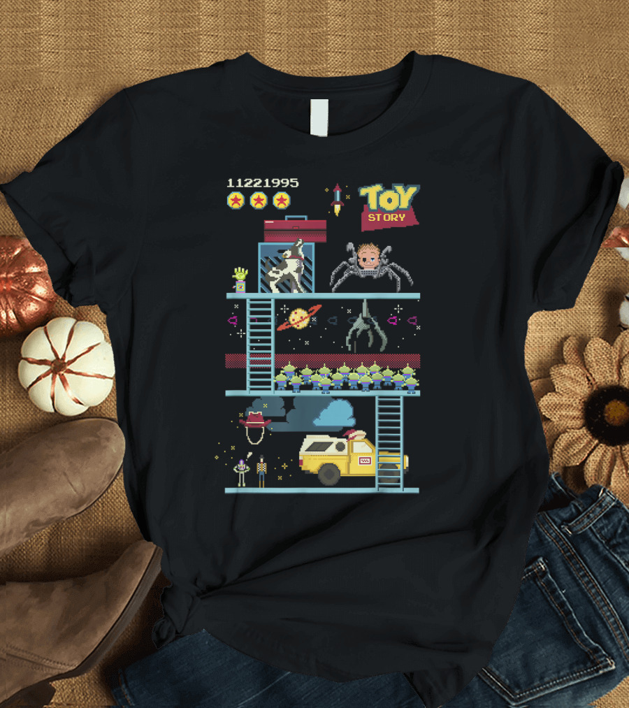 Toy Story 8 Bit Video Game Scene with Retro Pixel Art Adventure T-Shirt