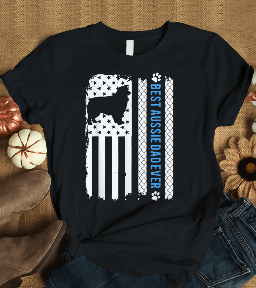 Best Aussie Dad Ever American Flag Dog Silhouette and Paw Prints T-Shirt