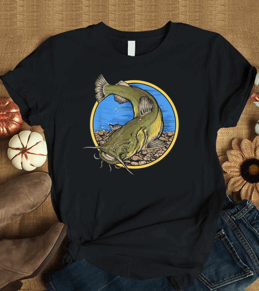 Catfish Fishing Against Colorful Water with Circle Background T-Shirt