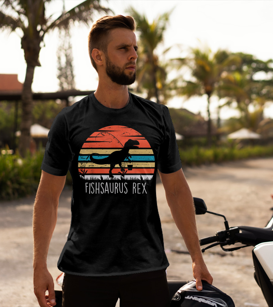 Fathers Day Fishsaurus Rex Dinosaur Fishing Vintage Sunset T-Shirt