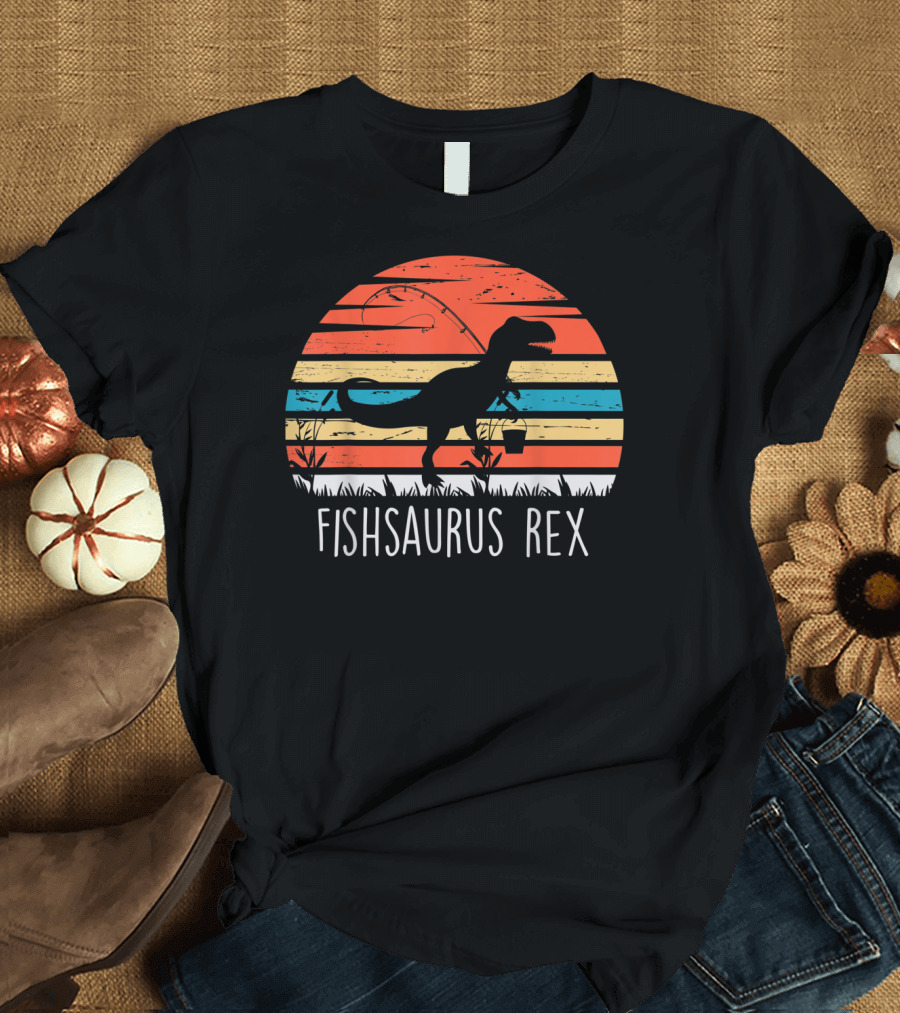 Fathers Day Fishsaurus Rex Dinosaur Fishing Vintage Sunset T-Shirt