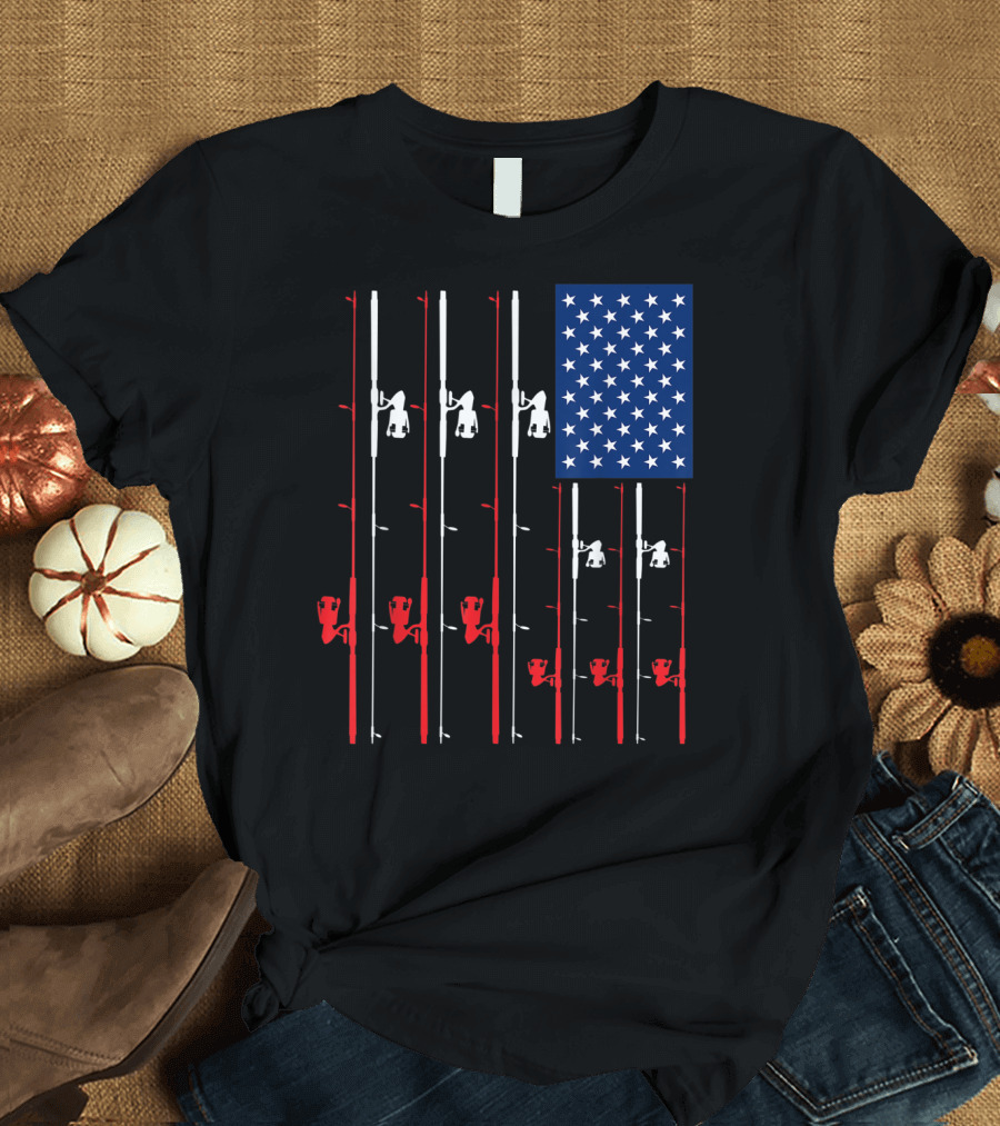 Fishing Rod US Flag Cute Fish Hunting American Patriotic Iconic T-Shirt