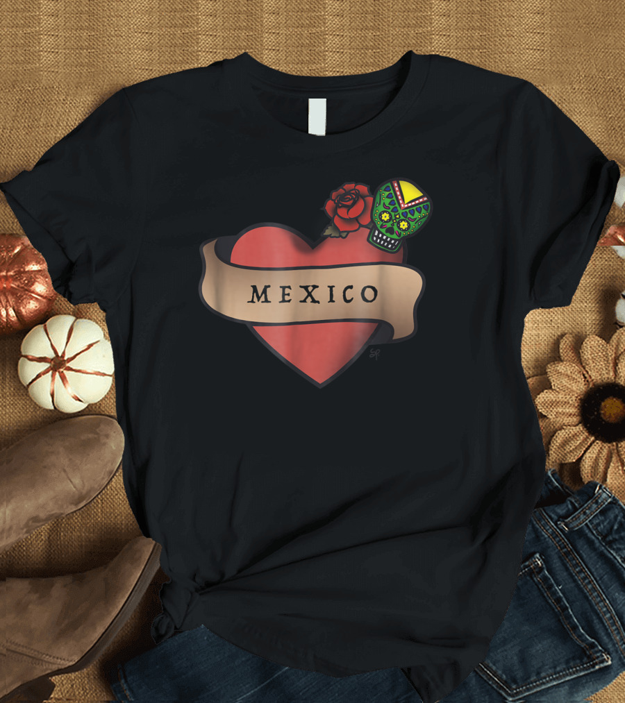 I Love Mexico Dia De Los Muertos Mexico Heart Sugar Skull Rose T-Shirt