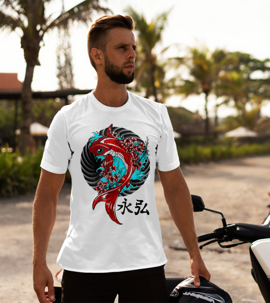 Koi Fish Floral With Japanese Characters T-Shirt