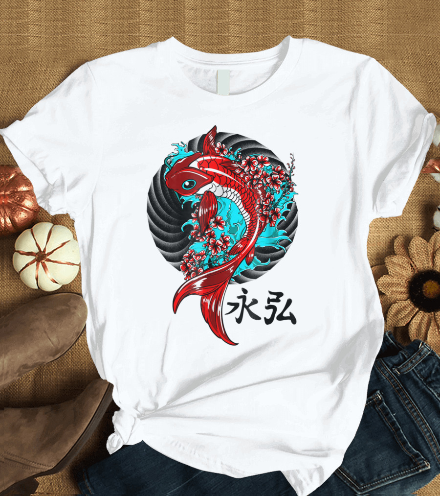 Koi Fish Floral with Japanese Characters T-Shirt