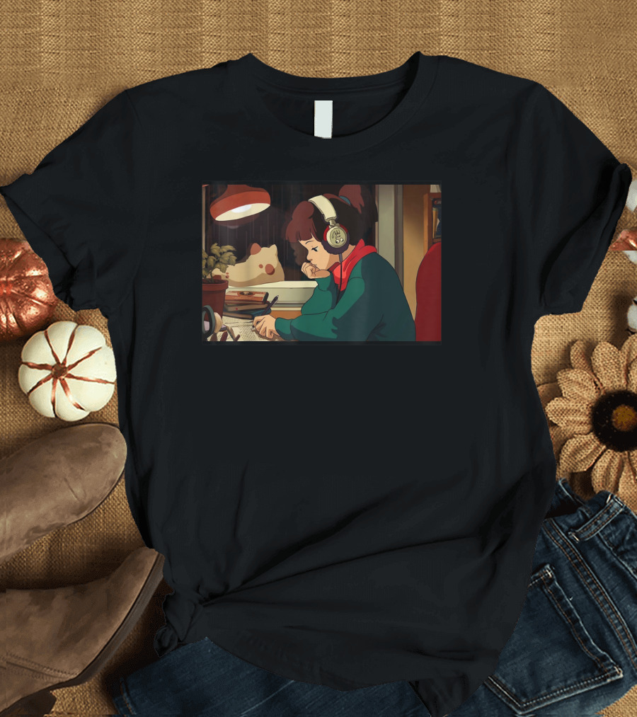 Lofi Hip Hop Chill Hop Relaxing Jazz Hop Beats Girl with Headphones Studying at Desk T-Shirt