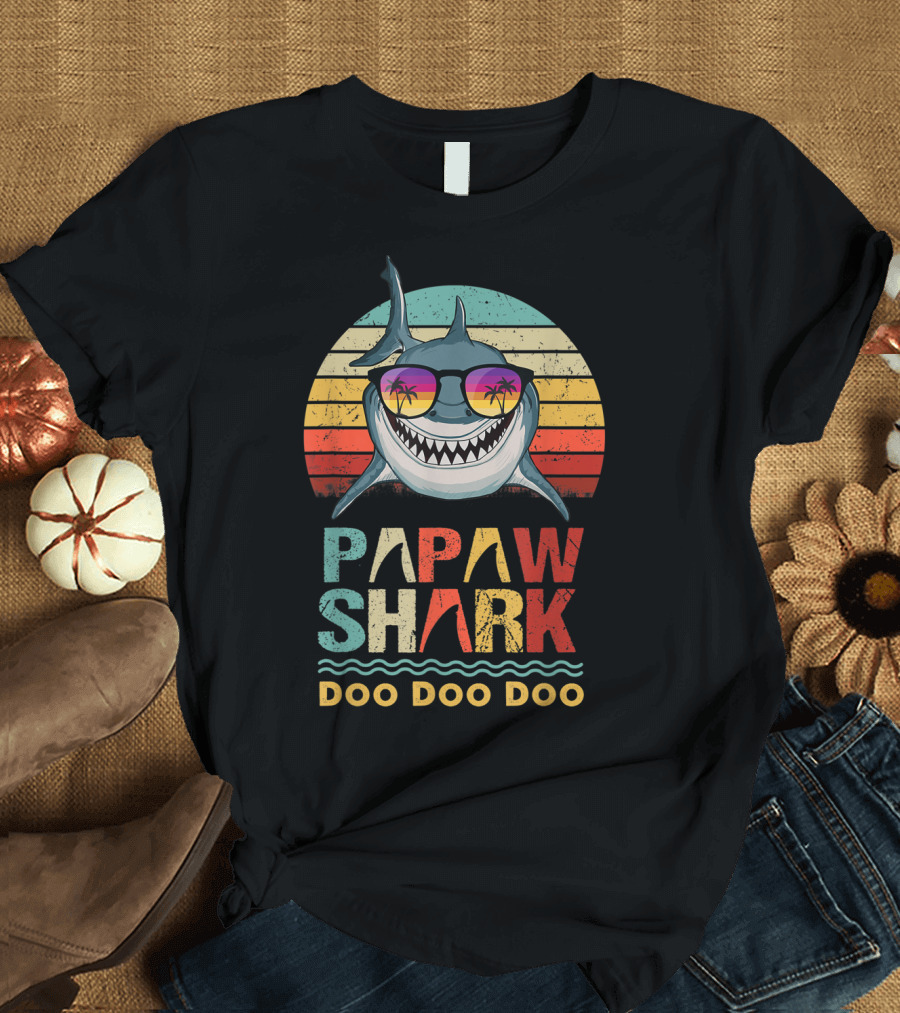 Papaw Shark Doo Doo Doo Funny Fathers Retro Sunglasses Tropical Sunset T-Shirt