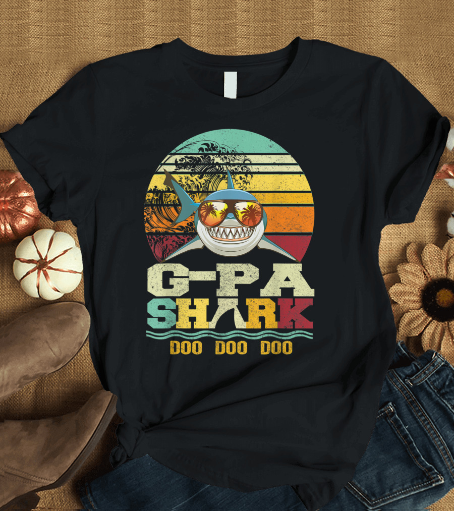 G Pa Shark Doo Doo Doo Retro Vintage Beach Sunset Wave Sunglasses Palm Trees T-Shirt