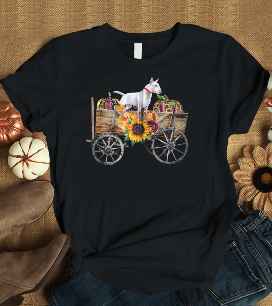 Bull Terrier Sunflower and Pumpkin Wagon in Country T-Shirt