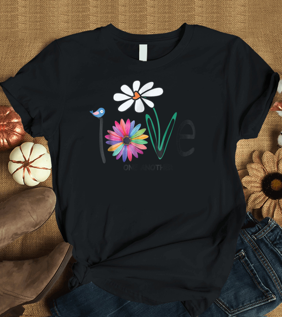 Love One Another Daisy Rainbow Flower Bird Hippie T-Shirt
