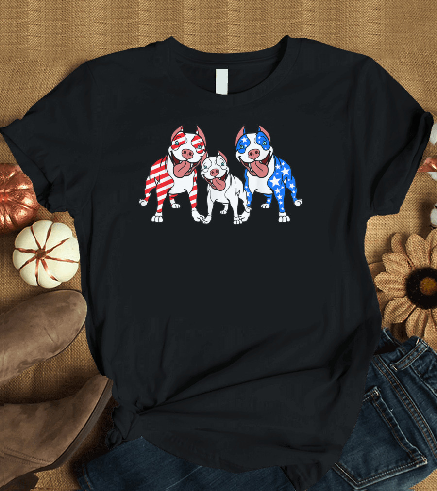 Pitbulls American Flag Red White Blue Patriotic T-Shirt