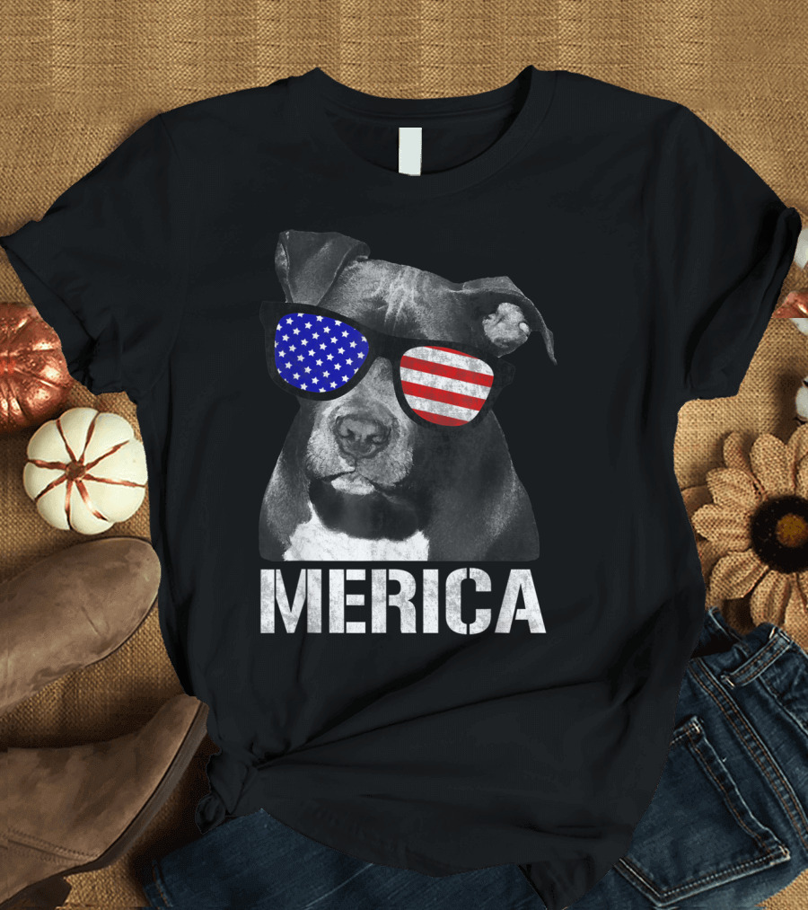 Merica Patriotic Pitbull with American Flag Sunglasses T-Shirt