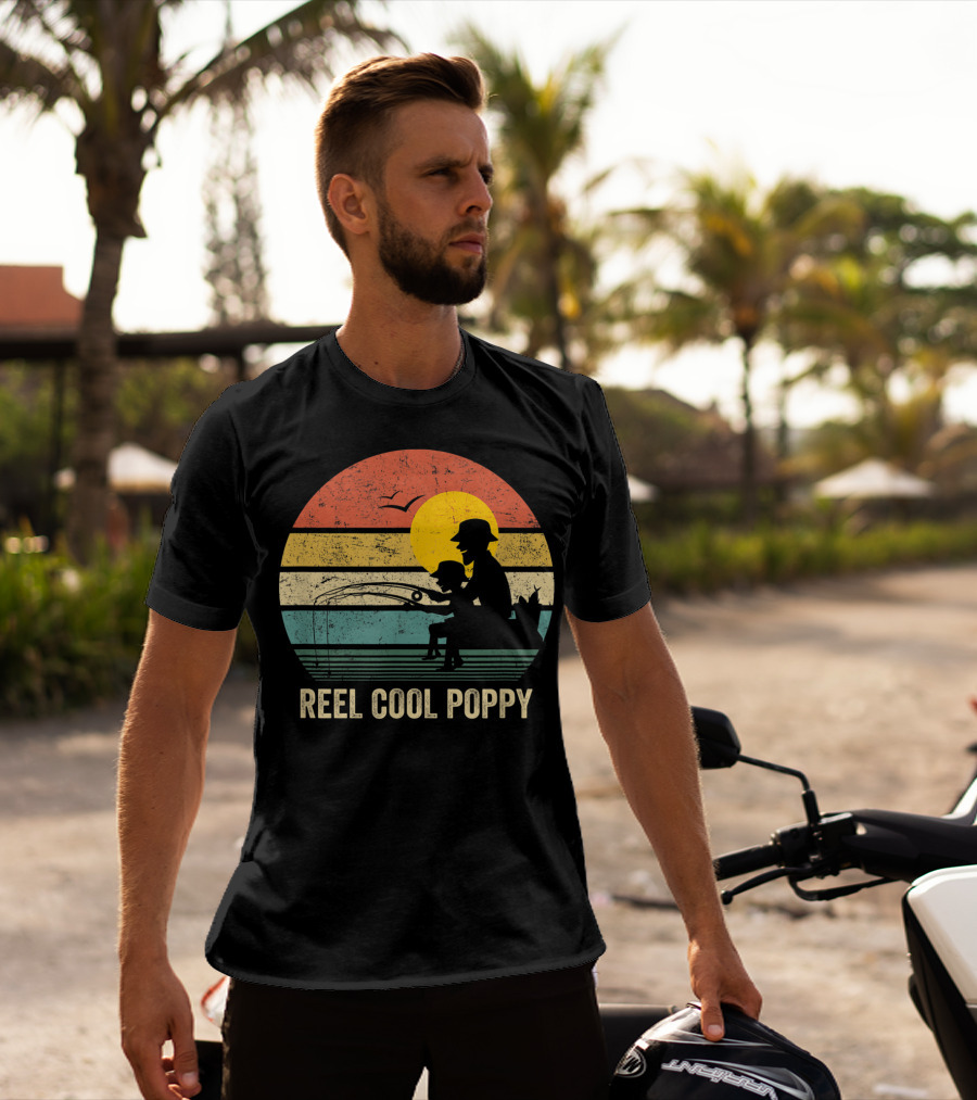 Reel Cool Poppy Vintage Fisherman Father's Retro Style Sun T-Shirt