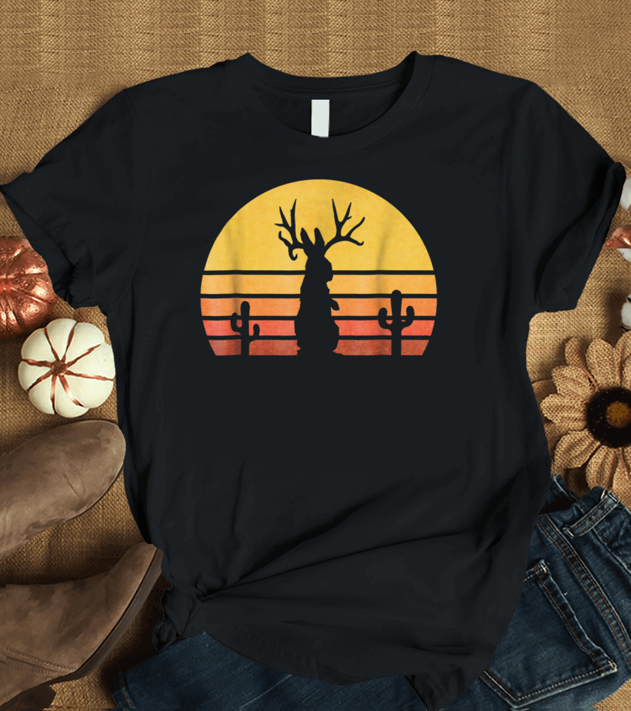 Retro Eighties Sunset Jackalope Silhouette with Cactus Vintage Cryptid T-Shirt