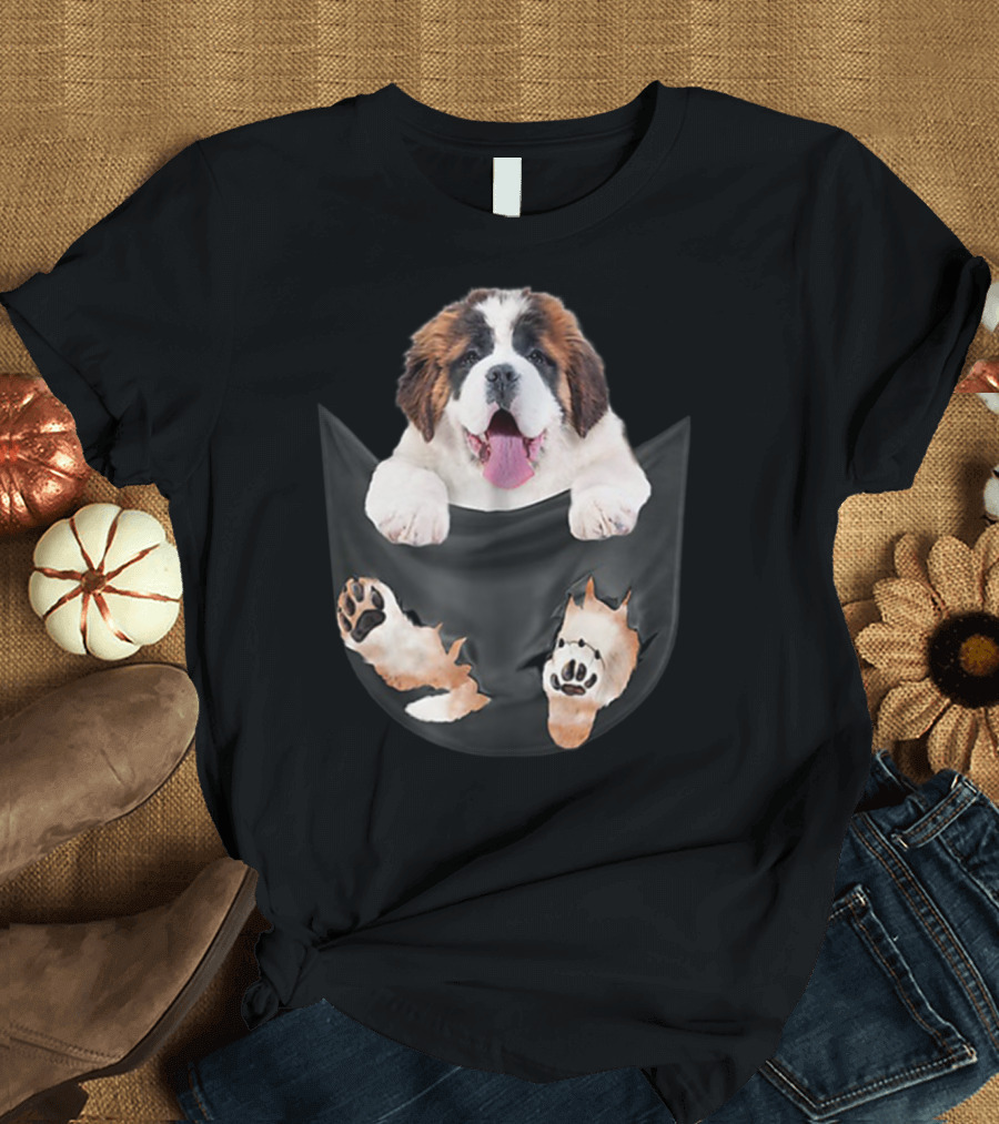 Saint Bernard Inside Pocket Funny Dog Lover Paws Peeking Out T-Shirt