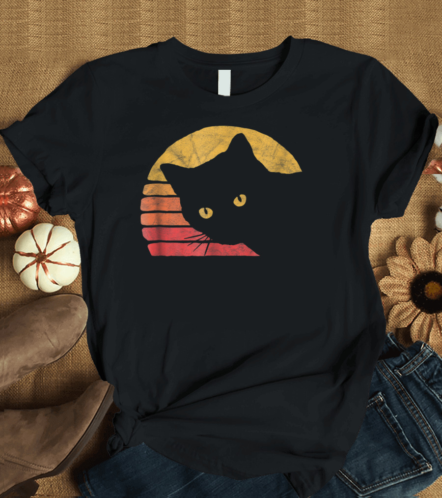 Vintage Eighties Style Cat Distressed Silhouette Retro Sunset T-Shirt