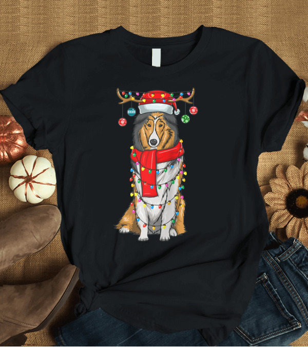 T-Shirt: Christmas Cute Collie Dog Wrapped in Holiday Lights with Santa Hat and Antlers T-Shirt Christmas Cute Collie Dog Wrapped in Holiday Lights with Santa Hat and Antlers T-Shirt