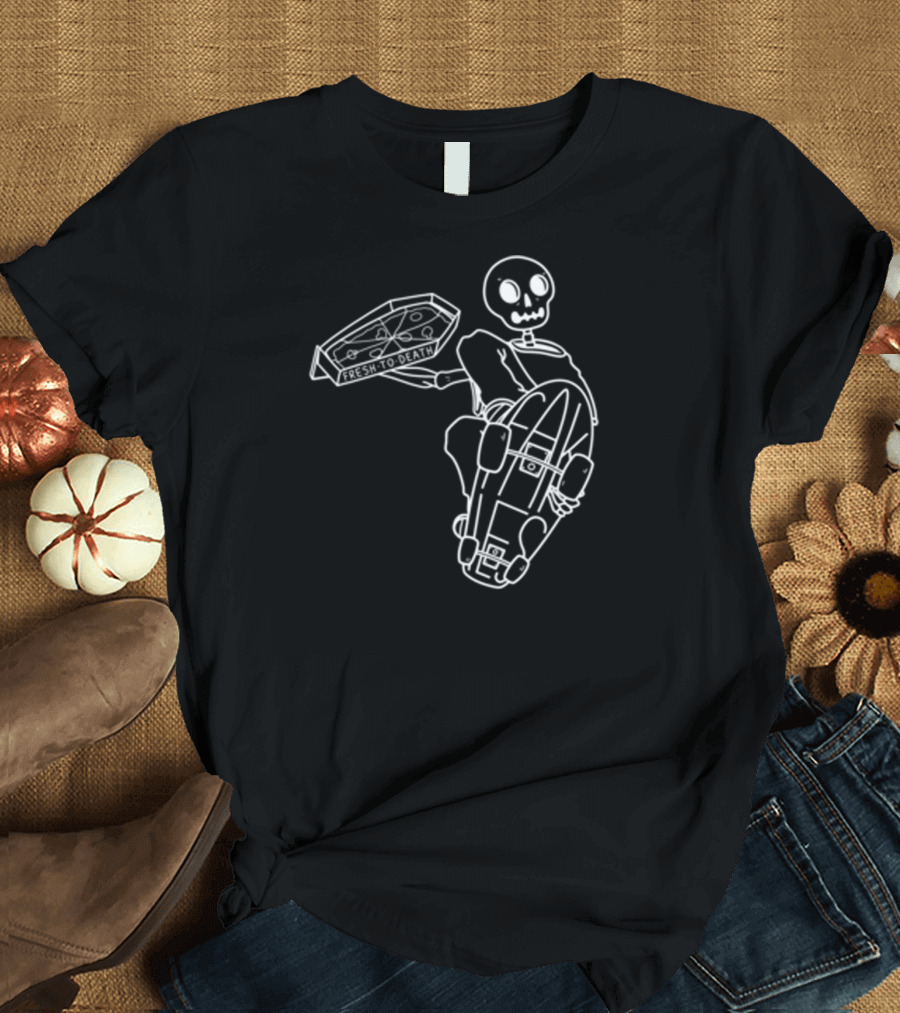 Fakie's Pizza Fresh to Death Skelly Skateboard T-Shirt